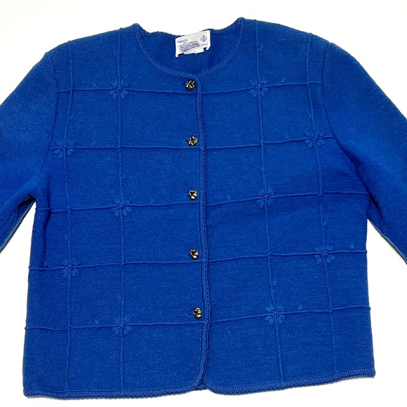 Vintage Deans of Scotland Wool Cardigan Women's Medium Floral Accent Bright Blue - Picture 2 of 14